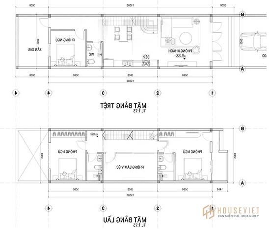 Mẫu nhà 2 tầng 3 phòng ngủ 5x15