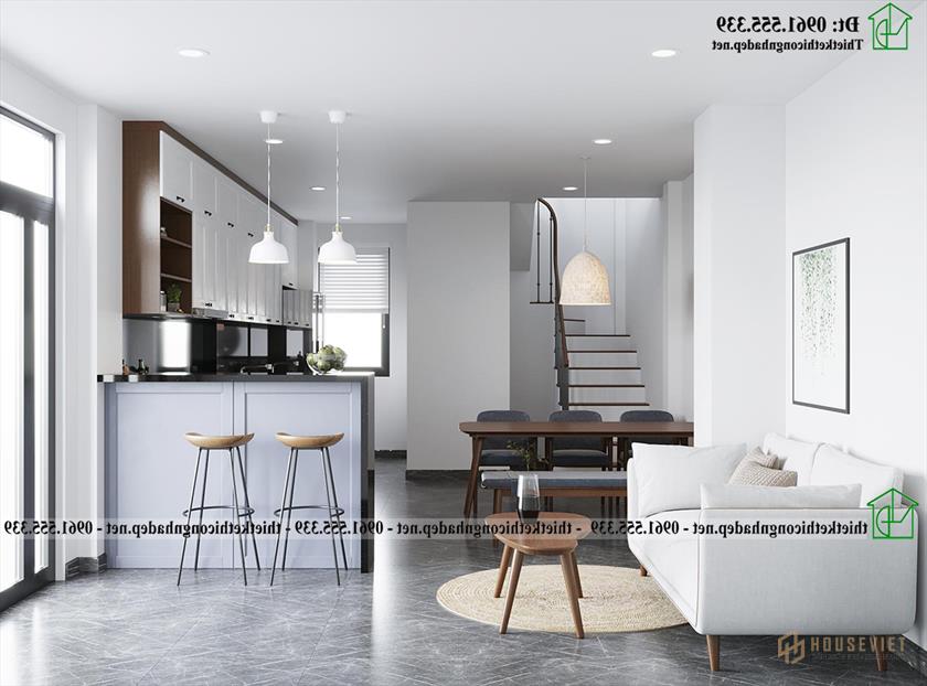 Thiết kế nội thất phòng bếp và phòng khách tầng 1 nhà ống 4 tầng 30m2 NDNP4T23