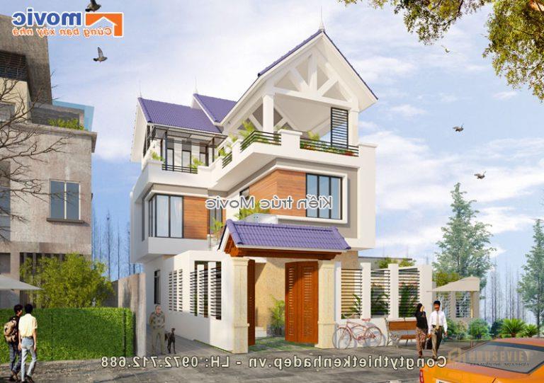 Mẫu nhà 3 tầng hiện đại mái thái đơn giản hình chữ L - BT1740
