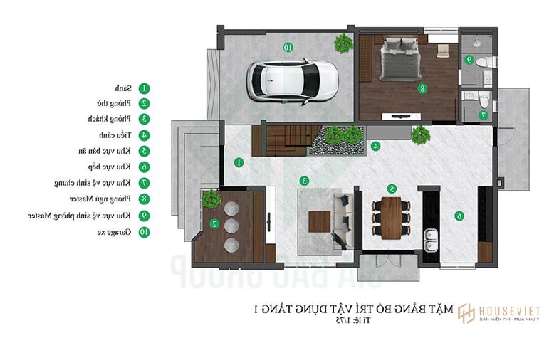 Mặt bằng công năng tầng 1 của mẫu biệt thự vườn 2 tầng đẹp