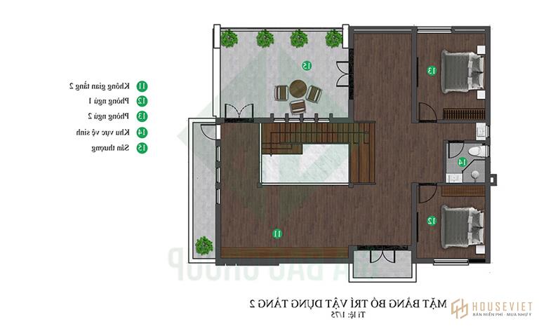 Mặt bằng công năng tầng 2 của mẫu biệt thự vườn 2 tầng đẹp