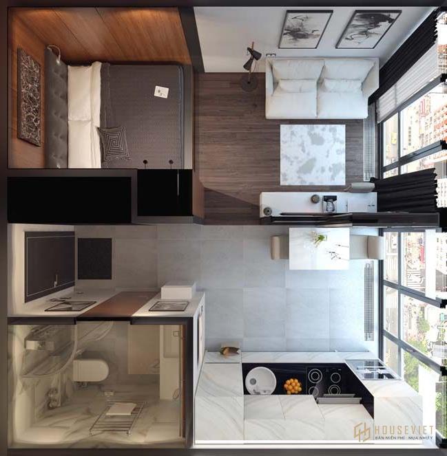 Studio căn hộ nhỏ được kết hợp phòng bếp, phòng khách, phòng ngủ