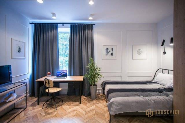 Căn hộ nhỏ được thiết kế dạng căn hộ Studio, mọi không gian chức năng đều được bố chí chung trong một phòng duy nhất với lối thiết kế mở rộng rãi