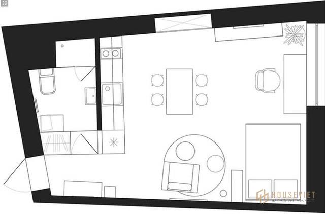 Sơ đồ bố trí toàn bộ khu vực chức năng của thiết kế căn hộ studio 30m2