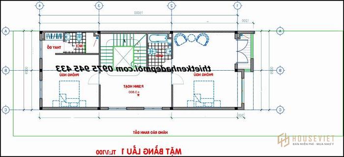 Bản vẽ lầu 1 tức tầng 2 mẫu nhà biệt thự phố 6x15