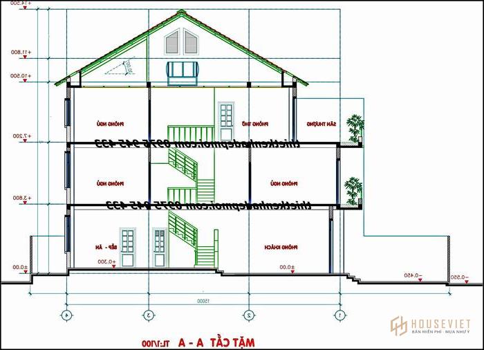 Bản vẽ mặt cắt nhà phố 1 trệt 2 lầu 6x15 ở Buôn Mê Thuột anh Phúc sinh 1963