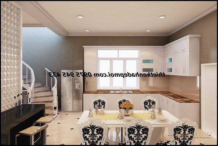 Không gian bếp và bàn ăn liên thông nhà phố hiện đại rộng 6m