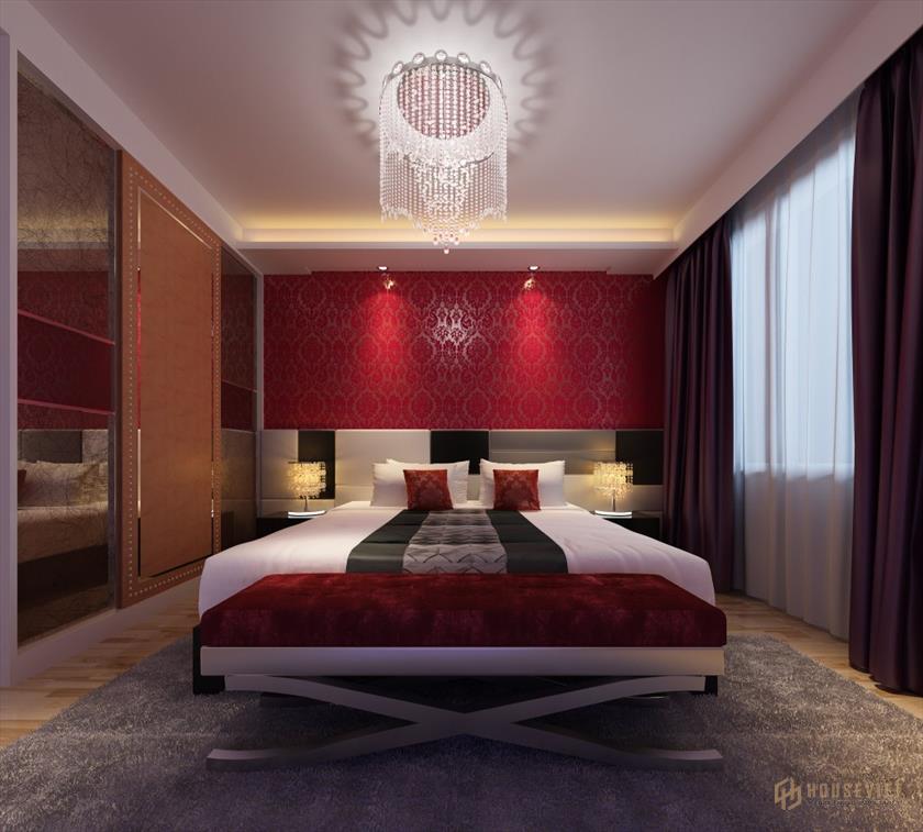 Trang trí phòng ngủ với giấy dán tường màu đỏ