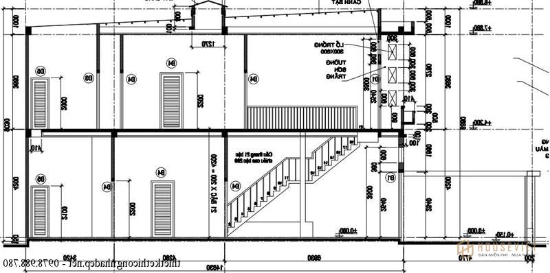 Mặt cắt nhà phố 2 tầng 75m2 5x15m