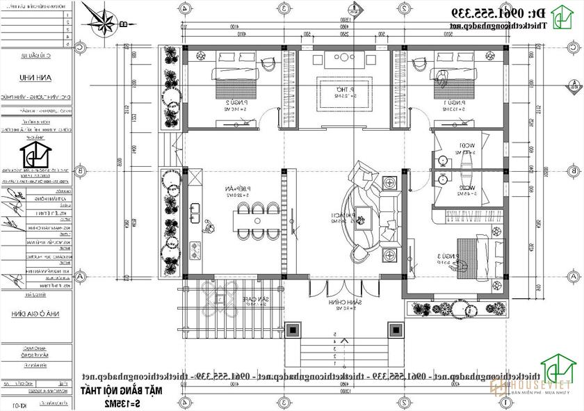 Mặt bằng nội thất mẫu nhà 1 tầng 3 phòng ngủ 1 phòng thờ 14x11m ndbt1t120