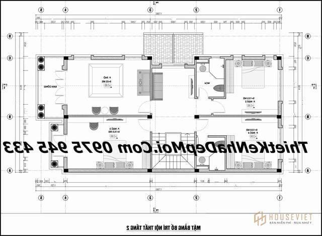 Bản vẽ nhà 2 tầng 9x17 4 phòng ngủ mái thái năm 2020