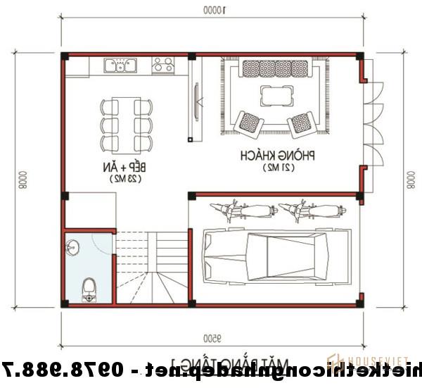 Mặt bằng tầng 1 nhà phố 8x10m