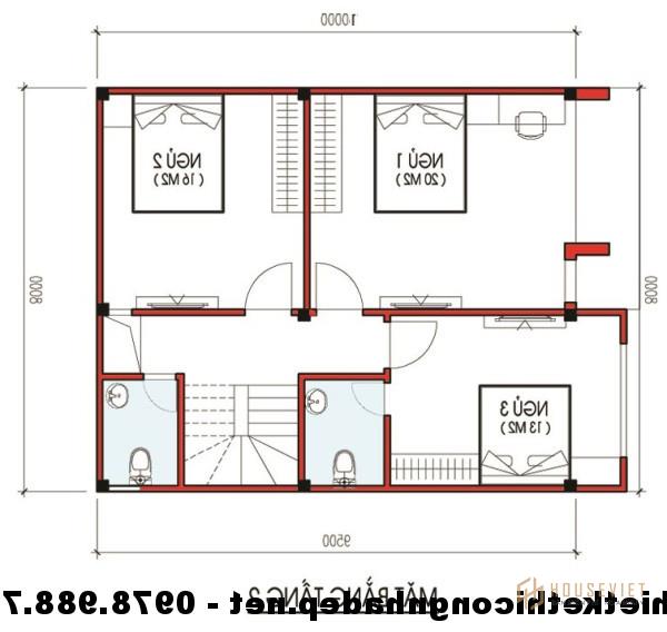 Mặt bằng tầng 2 nhà phố 8x10m