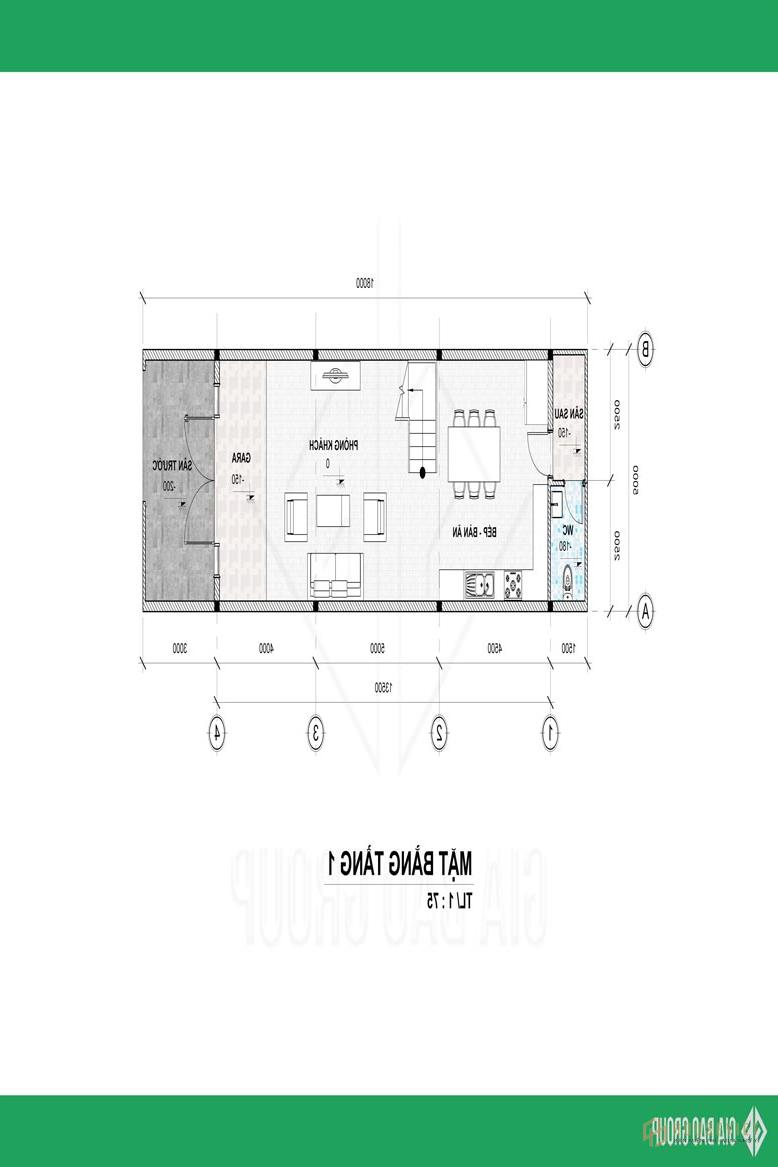Bản vẽ mặt bằng tầng 1 được bố trí hợp lý của mẫu thiết kế nhà phố 1 trệt 3 lầu đẹp tại Đồng Nai