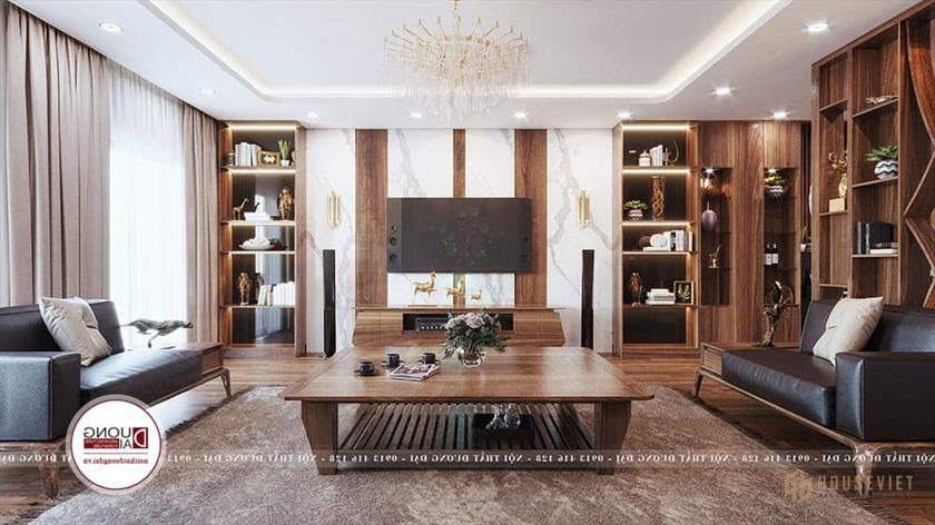 Không gian phòng khách nổi bật với veneer óc chó Biệt Thự 2 Tầng Phong Cách Châu Âu Khẳng Định Đẳng Cấp Đại Gia