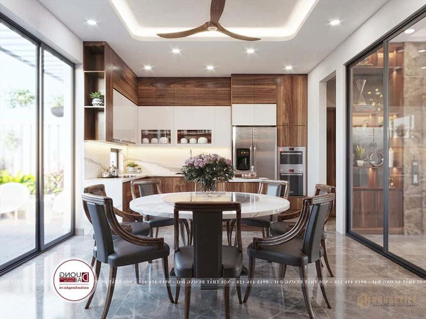 Bộ bàn ăn tròn 8 ghế vừa công năng vừa hợp phong thủy.