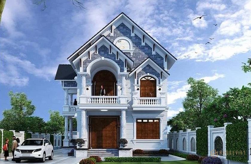 Mẫu thiết kế biệt thự 2 tầng mái chéo họa tiết tân cổ điển