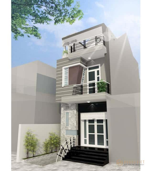 Mẫu nhà ống 2 tầng 1 tum đẹp ốp gạch giả đá.