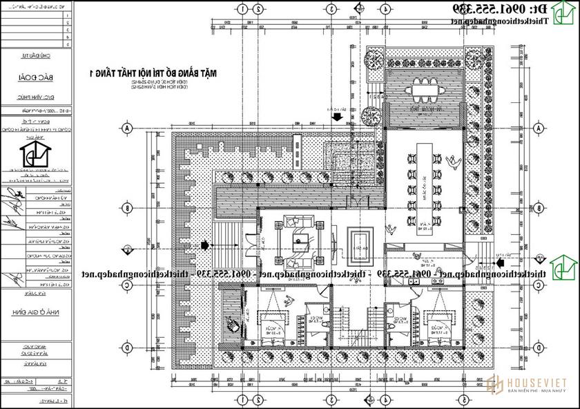 Mặt bằng tầng 1 mẫu thiết kế nhà 2 tầng 6 phòng ngủ 600m2 20x18m NDBT2T130