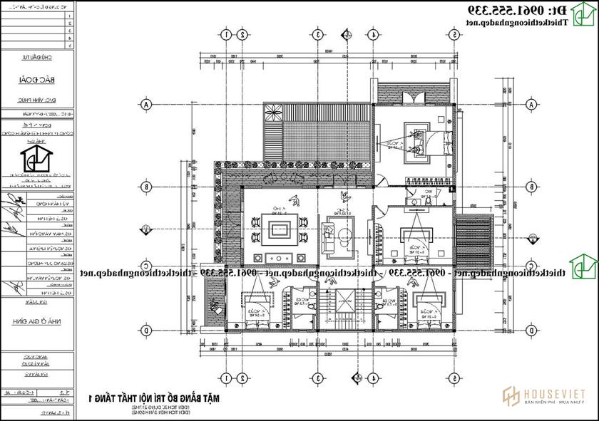 Mặt bằng tầng 2 mẫu thiết kế nhà 2 tầng 6 phòng ngủ 600m2 20x18m NDBT2T130