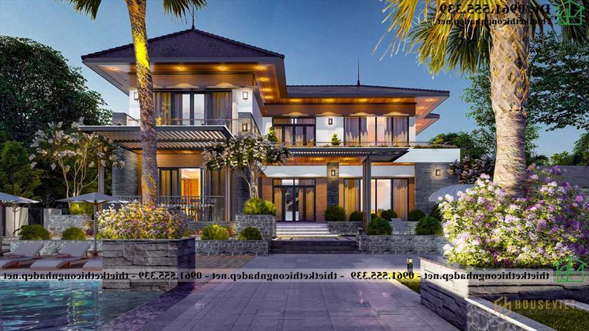 Phối cảnh đêm thiết kế mẫu biệt thự 2 tầng NDBT2T130