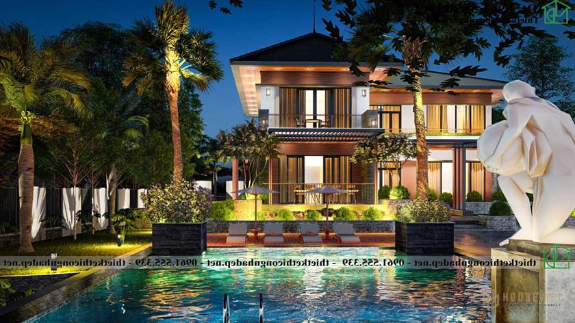 Hình ảnh tổng thể về đêm mẫu biệt thự 2 tầng mái thái hiện đại tại Vĩnh Phúc NDBT2T130