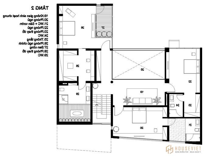 Mặt bằng tầng 2 biệt thự 3 tầng