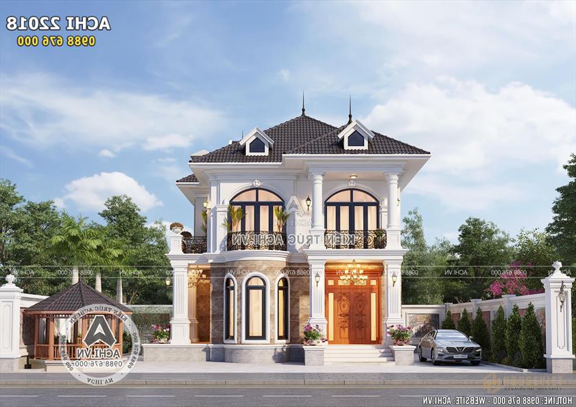 Không gian ngoại thất mặt tiền mẫu nhà đẹp 2 tầng 100m2 3 phòng ngủ