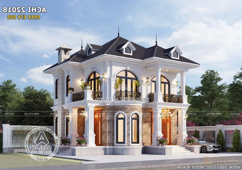 Phối cảnh 3D không gian ngoại thất của mẫu thiết kế biệt thự 2 tầng mái thái đẹp