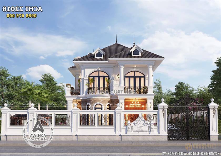 Không gian mặt tiền của mẫu biệt thự kiến trúc pháp 2 tầng 100m2 3 phòng ngủ