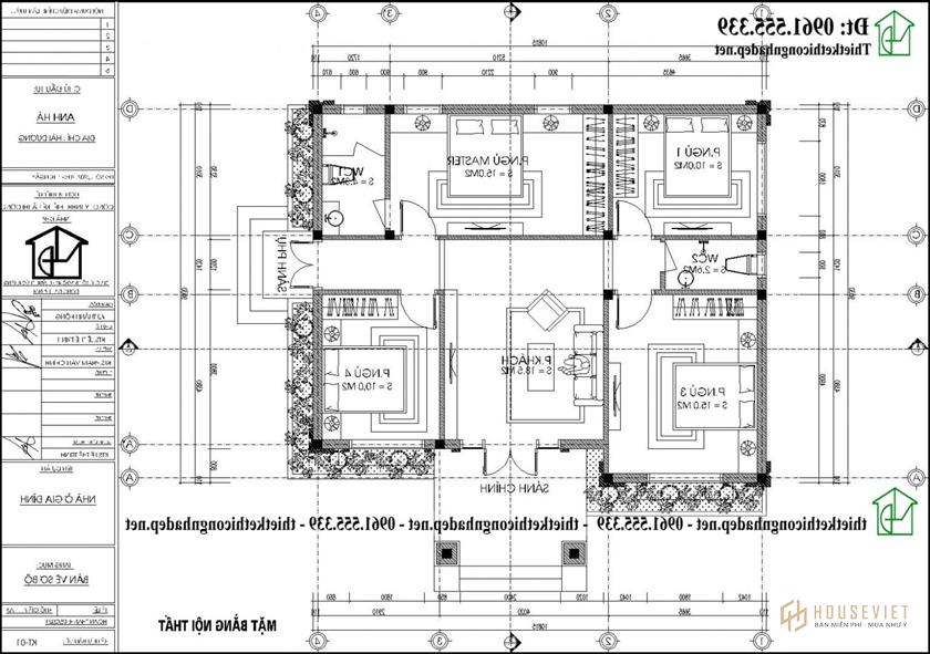 Phương án nội thất nhà mái thái 1 tầng 4 phòng ngủ đẹp 12x10m NDBT1T129