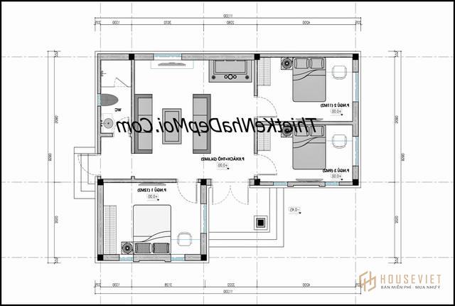 Mặt bằng nhà cấp 4 chữ L ngang 100m2 3 phòng ngủ