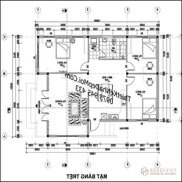 Bản vẽ thiết kế nhà hình vuông 1 tầng 10x10