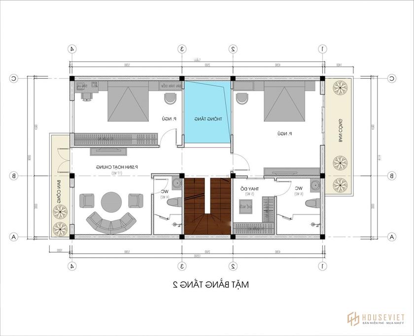 Thiết kế biệt thự 8x20m mặt bằng tầng 2 
