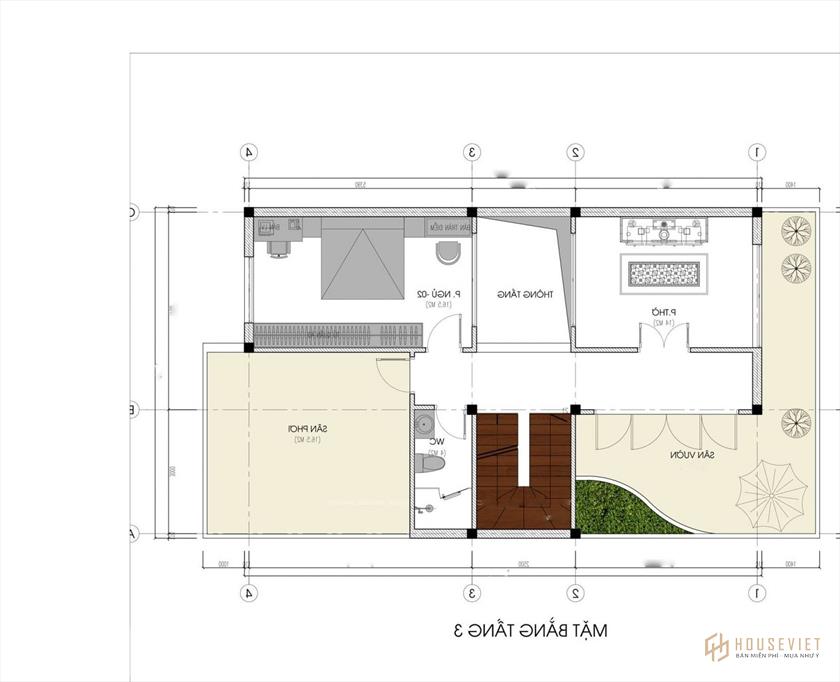 Mặt bằng tầng 3 biệt thự hiện đại 8x20