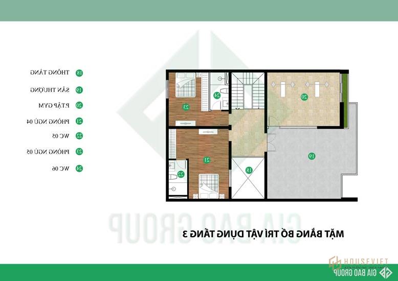 Bản vẽ mặt bằng tầng 3 cho mẫu nhà phố 3 tầng