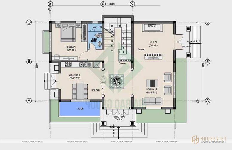 Bản vẽ mặt bằng công năng biệt thự 2 tầng mái thái