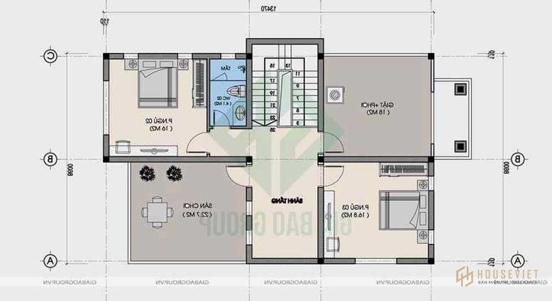 Bản vẽ mặt bằng tầng 2 biệt thự 2 tầng mái thái 