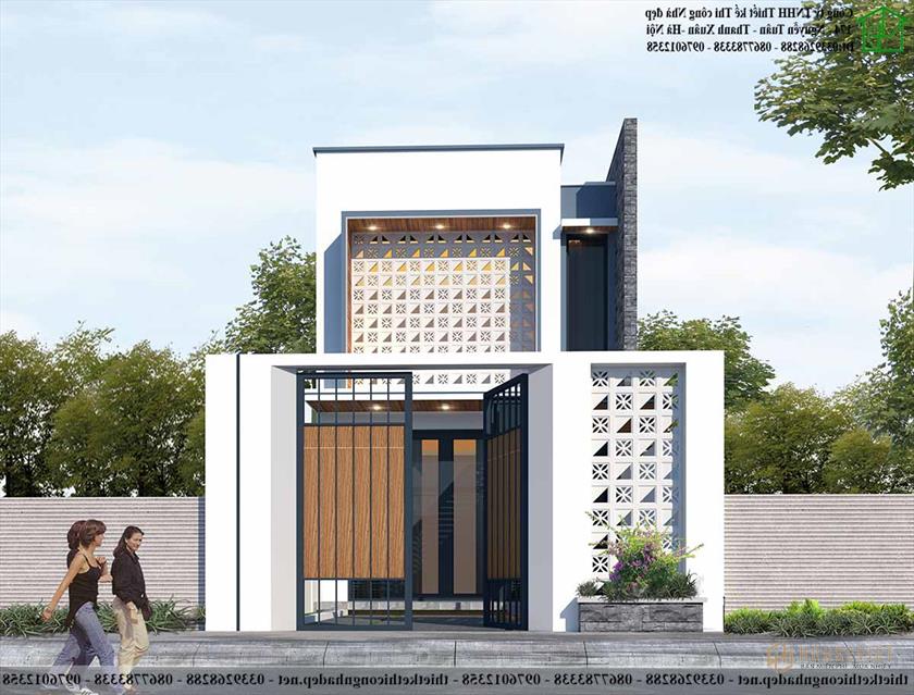Mặt tiền nhà 4x20m đẹp với tường gạch bông gió