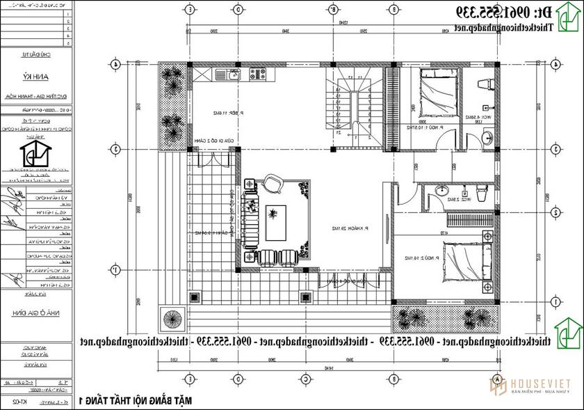 Mặt bằng tầng 1 biệt thự 2 tầng mái Nhật hiện đại 14x11m NDBT2T131
