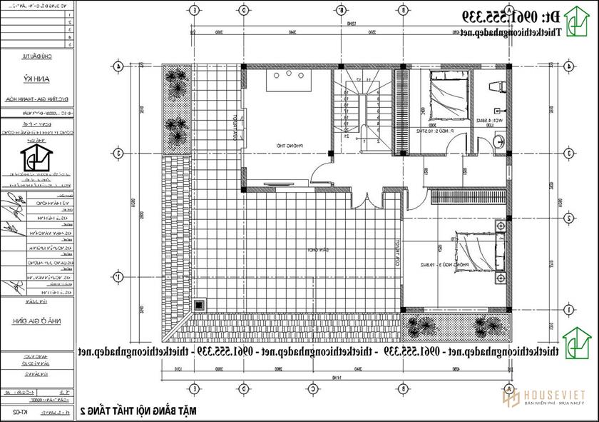 Mặt bằng tầng 2 biệt thự hiện đại mái thái 14x11m NDBT2T131 kiểu Nhật