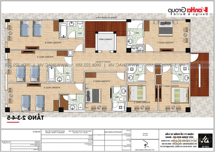 Mẫu thiết kế khách sạn tân cổ điển 5 tầng mặt tiền 10m x 22,5m tiêu chuẩn 3 sao tại Hà Nội - SH KS 0070 52 Mặt bằng công năng tầng 2, 3, 4, 5, 3 khách sạn tân cổ điển tại Hà Nội