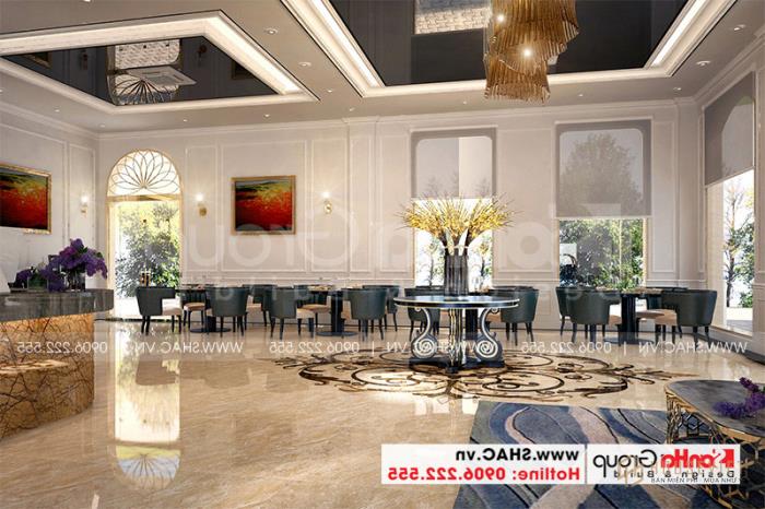 Mẫu thiết kế khách sạn tân cổ điển 5 tầng mặt tiền 10m x 22,5m tiêu chuẩn 3 sao tại Hà Nội - SH KS 0070 56 Nội thất quán cafe đẹp sang trọng được bố trí khoa học tại tầng 1 khách sạn