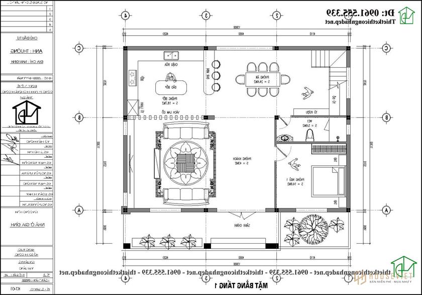 Mặt bằng công năng tầng 1 biệt thự 2 tầng 3 phòng ngủ 13x11m mái Nhật NDBT2T113