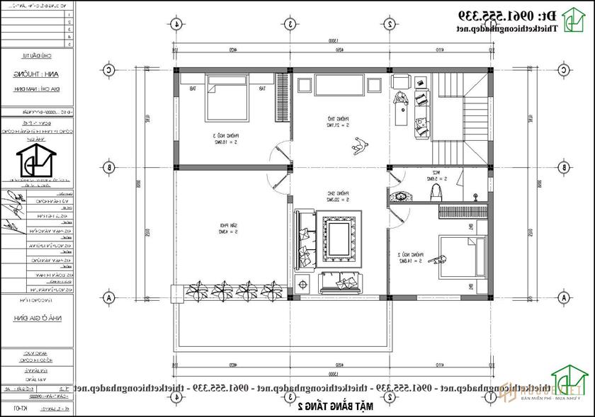 Mặt bằng tầng 2 biệt thự 2 tầng 3 phòng ngủ 13x11m mái Nhật NDBT2T113