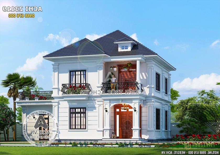 Không gian mặt tiền của mẫu nhà 2 tầng tân cổ điển đẹp 100m2 - Mã số: ACHI 23119 Không gian mặt tiền của mẫu nhà 2 tầng tân cổ điển đẹp 100m2 - Mã số: ACHI 23119