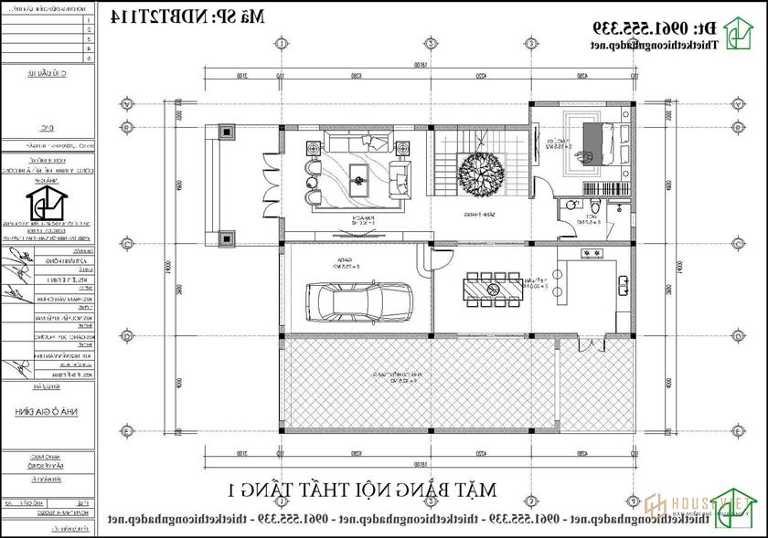 Mặt bằng tầng 1 mẫu thiết kế biệt thự 2 tầng tân cổ điển đẹp 8x15m NDBT2T114