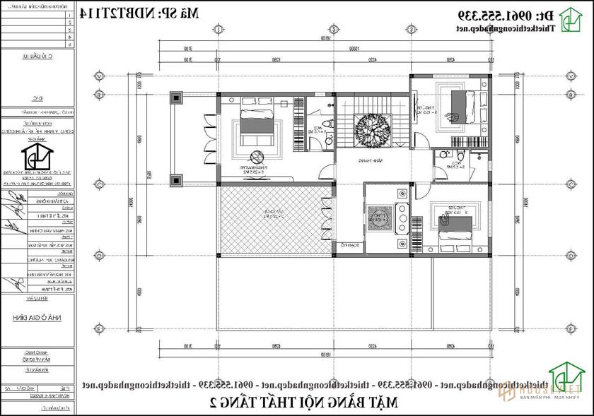 Mặt bằng tầng 2 mẫu thiết kế biệt thự 2 tầng tân cổ điển đẹp 8x15m NDBT2T114