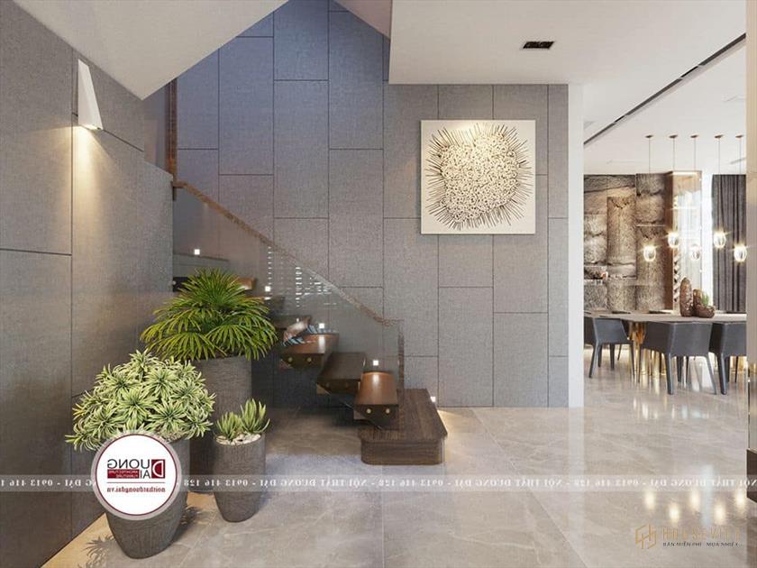 Khu vực cầu thang được thiết kế thông tầng với phong cách sang trọng và ấn tượng