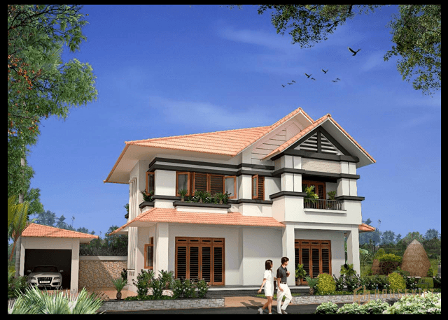 Không gian biệt thự 2 tầng mái thái đơn giản kết hợp bể bơi và sân vườn